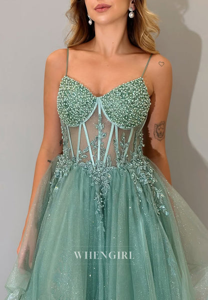 A-Line Beaded V Neck Spaghetti Straps Tulle Sleeveless Prom Dress