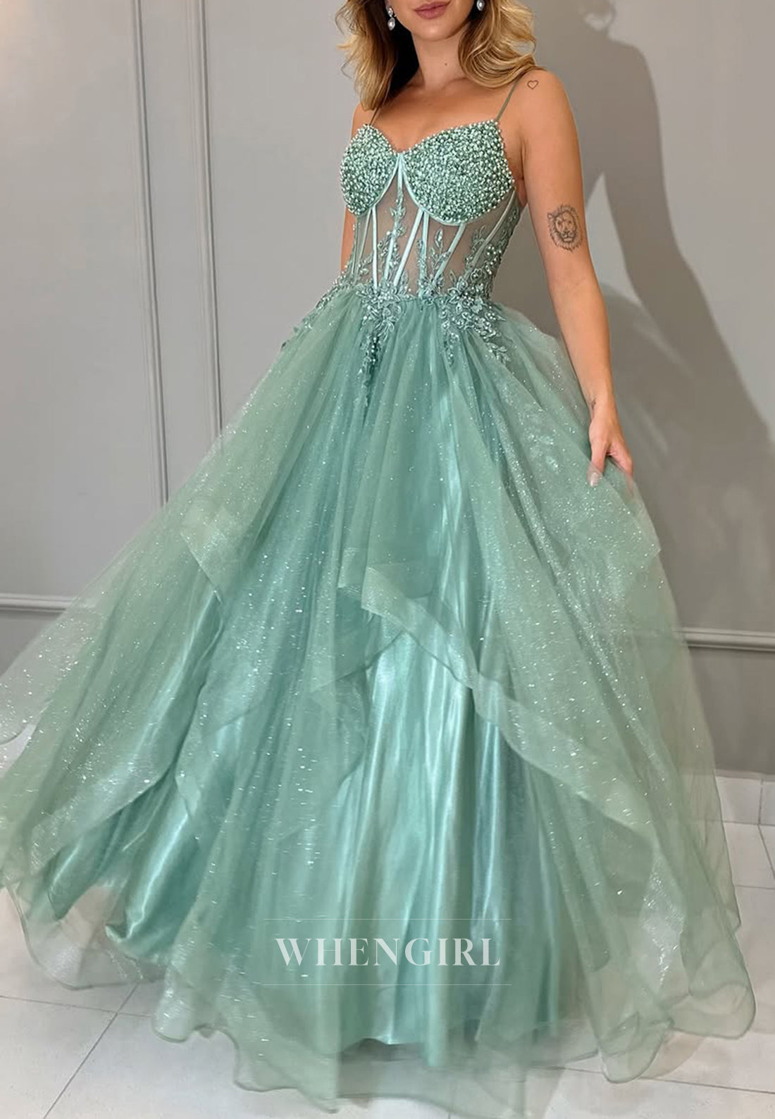 A-Line Beaded V Neck Spaghetti Straps Tulle Sleeveless Prom Dress