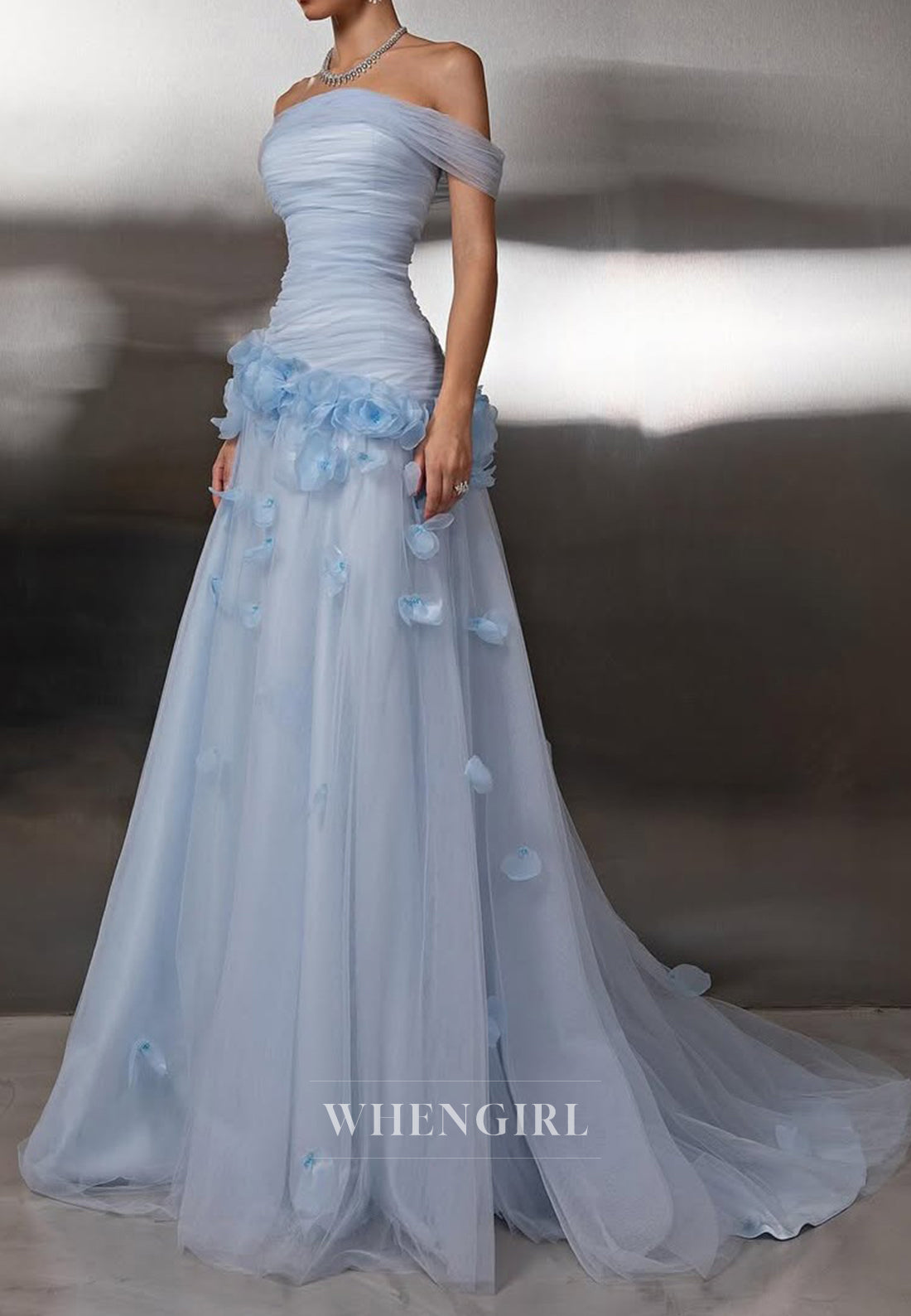 Sky Blue Off Shoulder Pleated Floral Back Zipper Sweep Train Evening Formal Gown