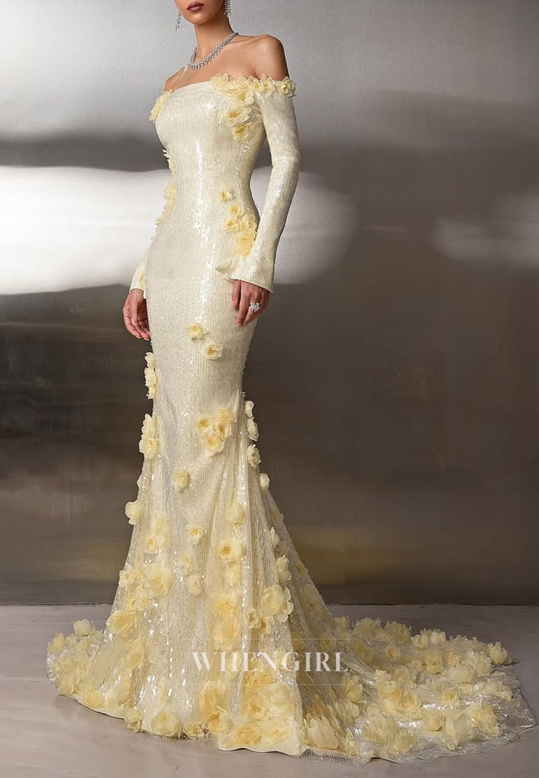 Yellow Long Sleeves Floral Back Zipper Sequins Sweep Train Sheath Evening Formal Dress