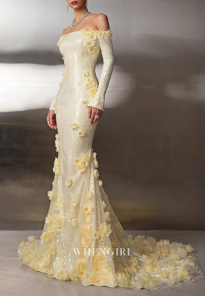 Yellow Long Sleeves Floral Back Zipper Sequins Sweep Train Sheath Evening Formal Dress