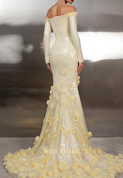 Yellow Long Sleeves Floral Back Zipper Sequins Sweep Train Sheath Evening Formal Dress