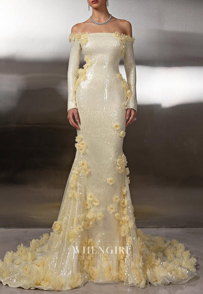 Yellow Long Sleeves Floral Back Zipper Sequins Sweep Train Sheath Evening Formal Dress