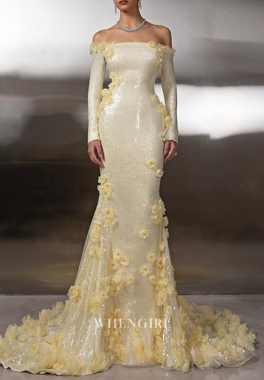 Yellow Long Sleeves Floral Back Zipper Sequins Sweep Train Sheath Evening Formal Dress