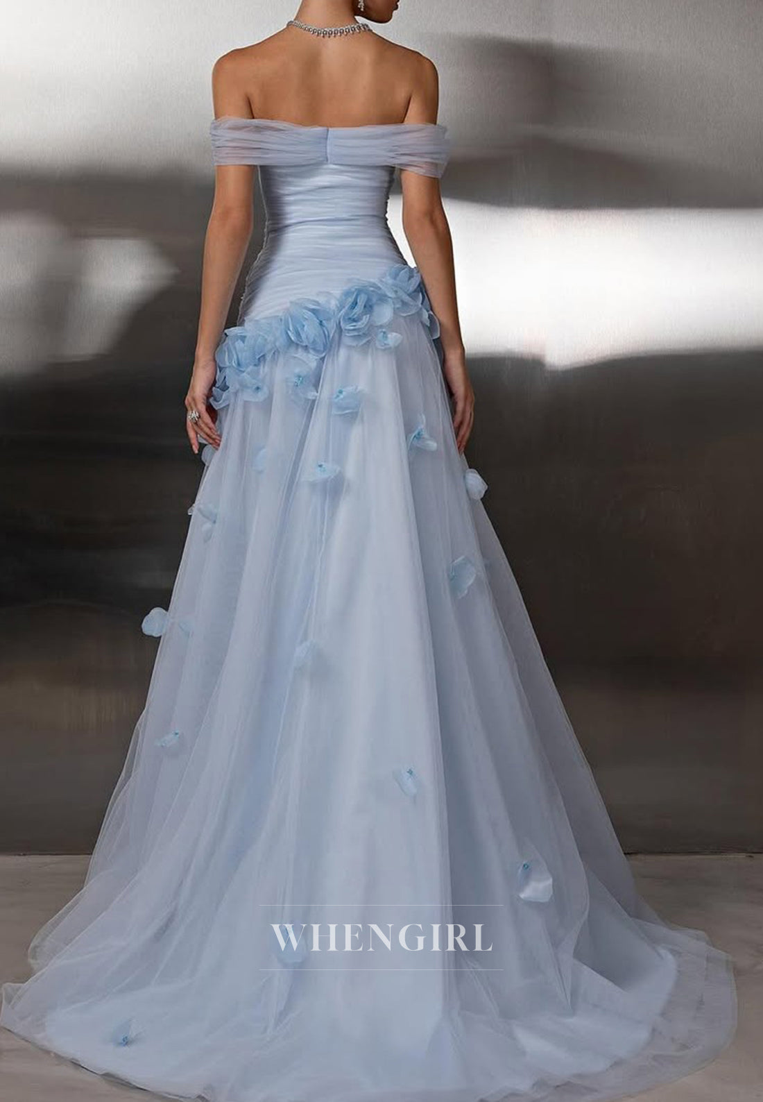 Sky Blue Off Shoulder Pleated Floral Back Zipper Sweep Train Evening Formal Gown