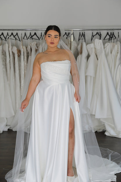 A-Line Court Train Detachable Strap Pearl Wedding Dress