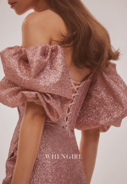 Dusty Rose Short Puff Sleeves Off Shoulder Tie Back Pleated Sheath Homecoming Dress