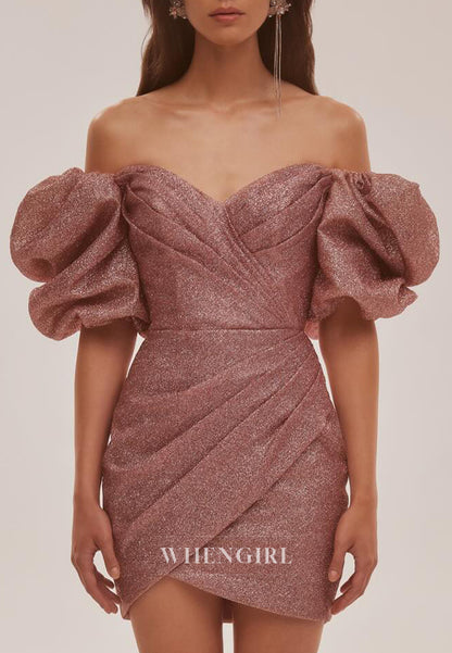 Dusty Rose Short Puff Sleeves Off Shoulder Tie Back Pleated Sheath Homecoming Dress