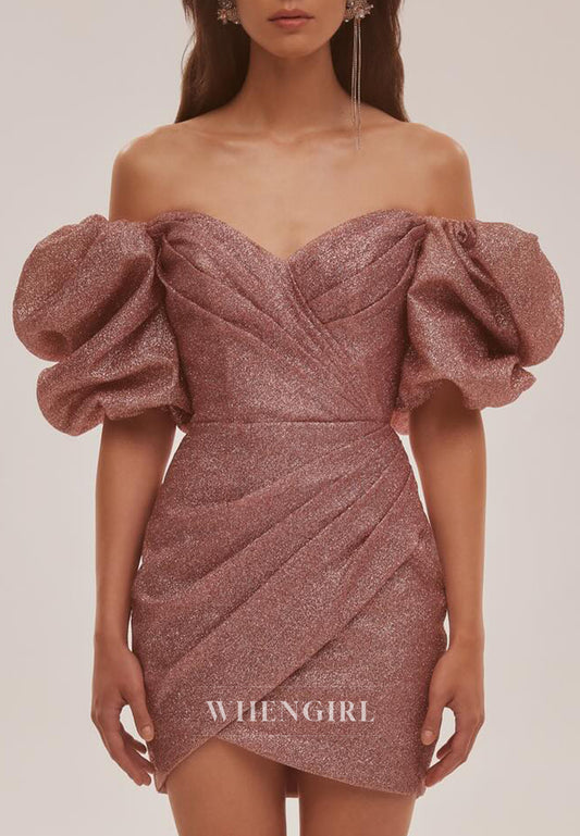 Dusty Rose Short Puff Sleeves Off Shoulder Tie Back Pleated Sheath Homecoming Dress