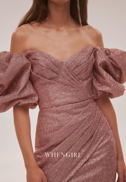 Dusty Rose Short Puff Sleeves Off Shoulder Tie Back Pleated Sheath Homecoming Dress