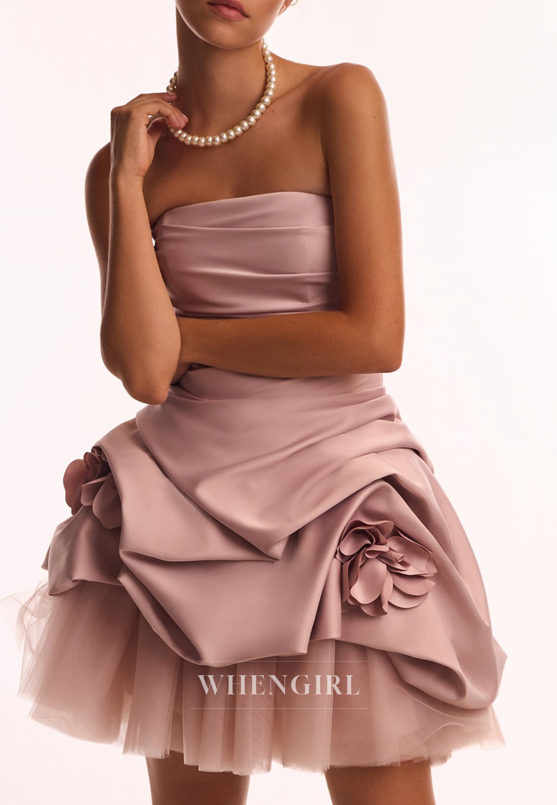 Dusty Pink A-Line Pleated Floral Strapless Tie Back Sleeveless Homecoming Dress