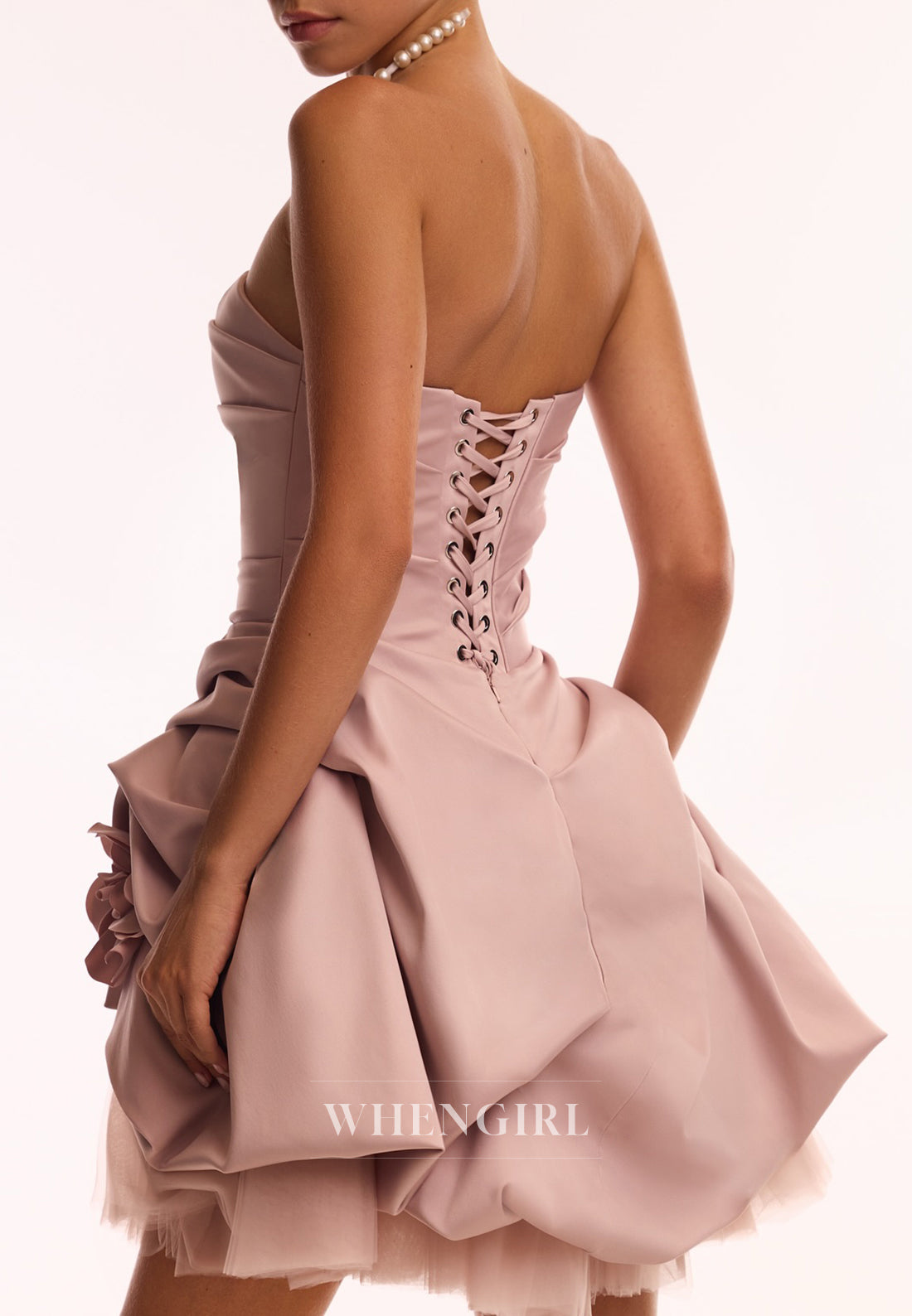 Dusty Pink A-Line Pleated Floral Strapless Tie Back Sleeveless Homecoming Dress