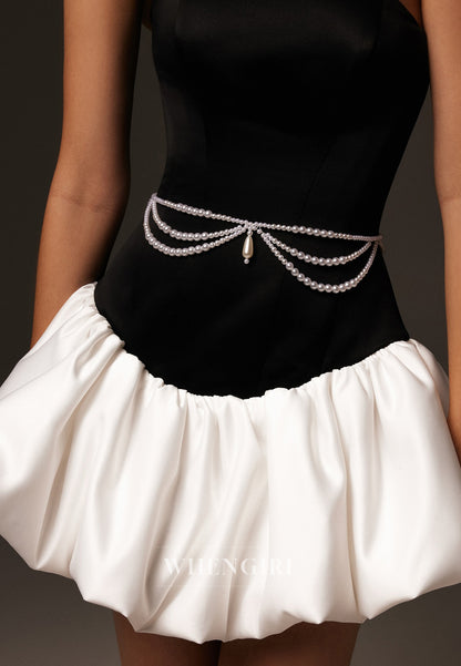 Black and Pink Tube Top Tie Back Pearls A-Line Homecoming Dress