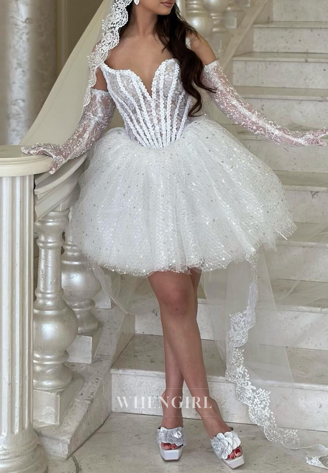 A-Line Sweetheart Mini Wedding Dress with Gloves