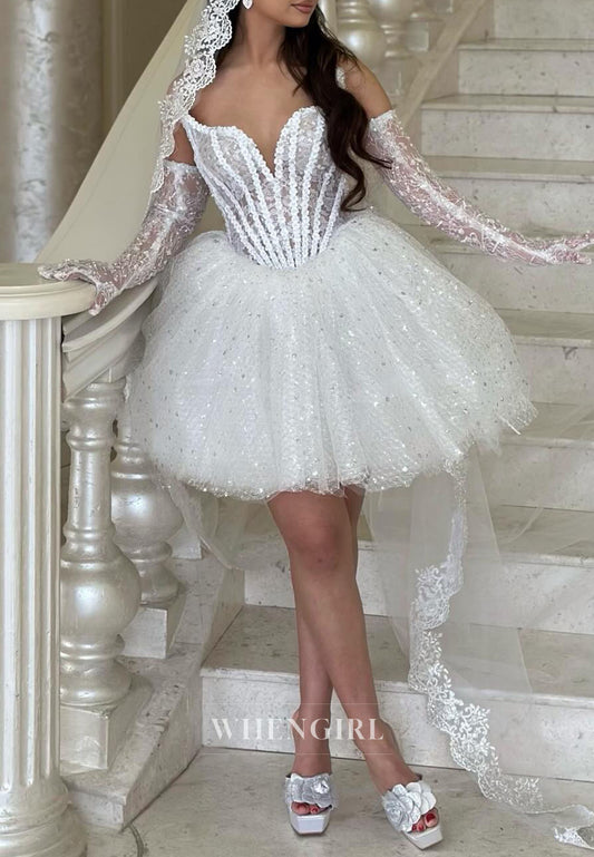 A-Line Sweetheart Mini Wedding Dress with Gloves