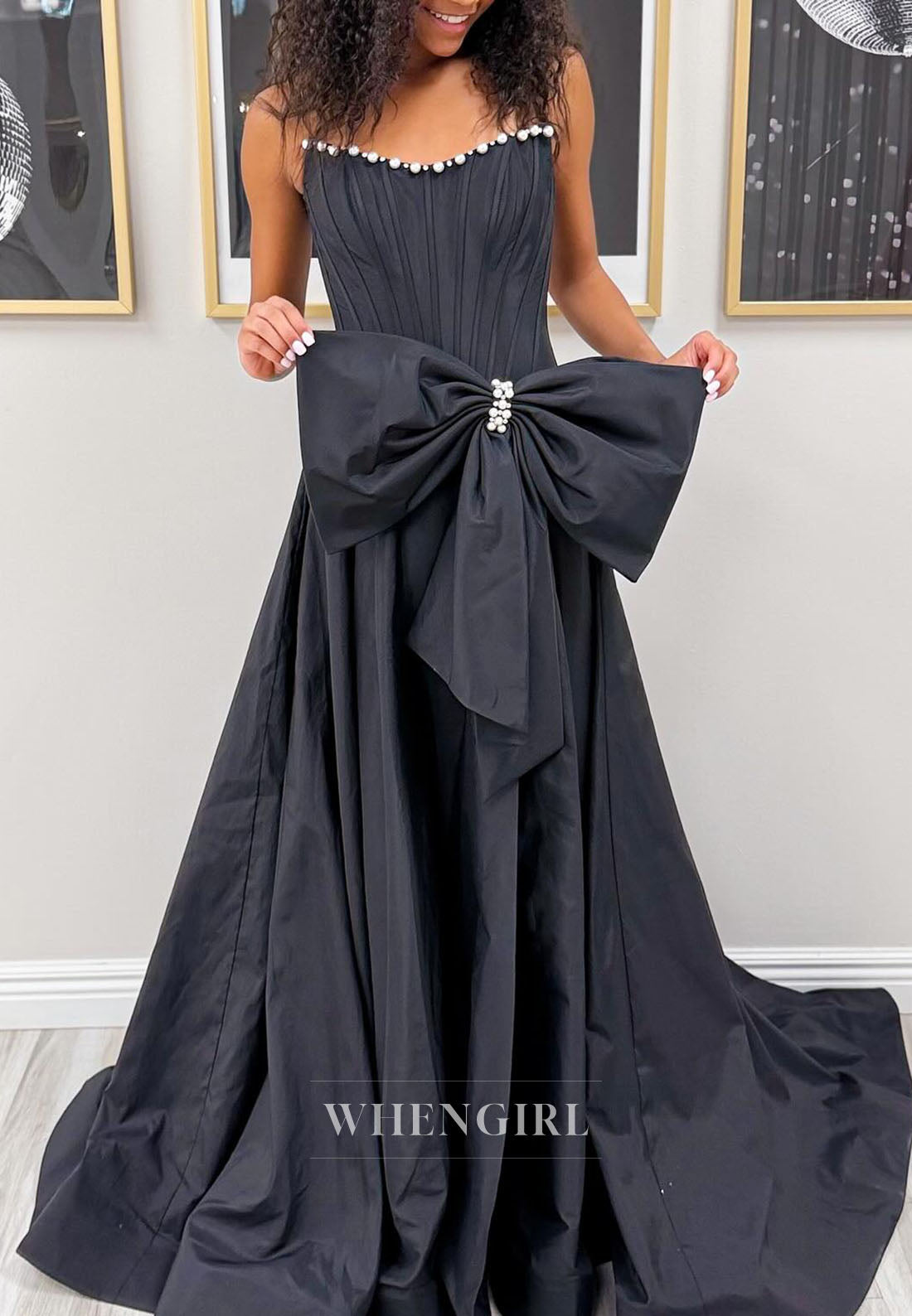 Black A-Line Bowknot Beaded Neckline Sleeveless Prom Dress
