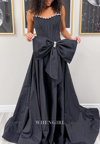 Black A-Line Bowknot Beaded Neckline Sleeveless Prom Dress