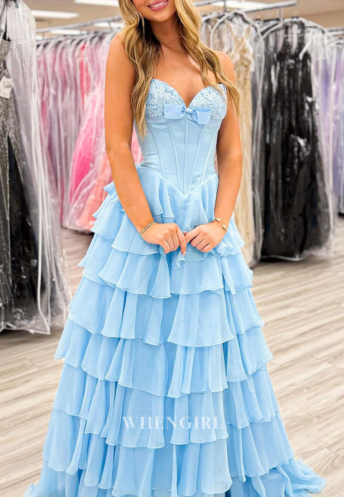 A-Line Sweetheart Bowknot Sleeveless Multi Tiered Ruffles Side Slit Prom Dress