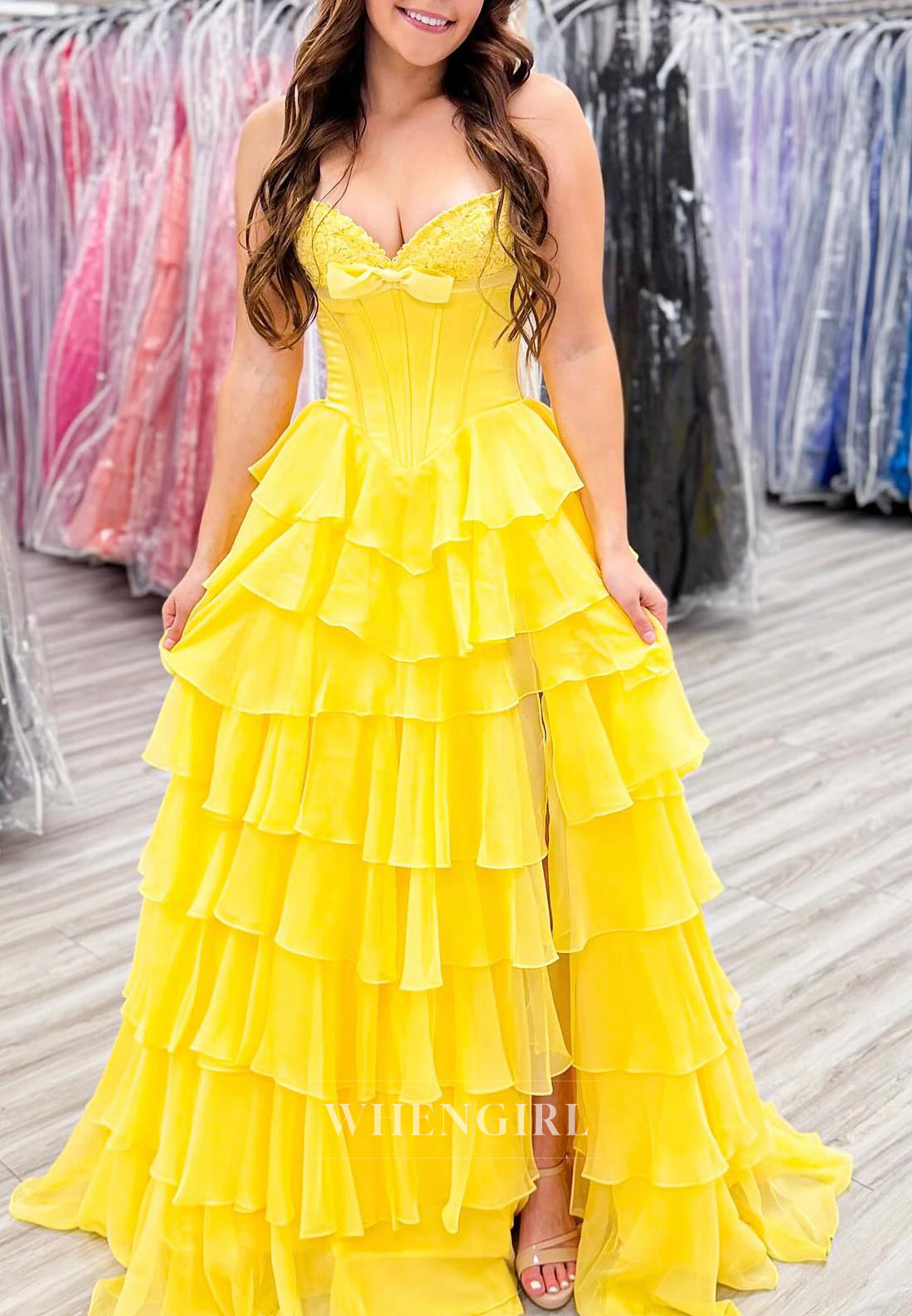 A-Line Sweetheart Bowknot Sleeveless Multi Tiered Ruffles Side Slit Prom Dress