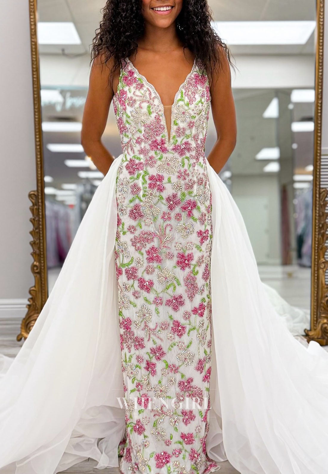 Column V Neck Floral Sleeveless Prom Dress with Train