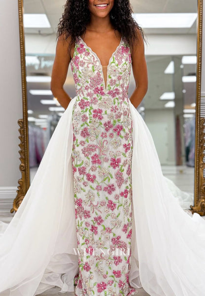 Column V Neck Floral Sleeveless Prom Dress with Train
