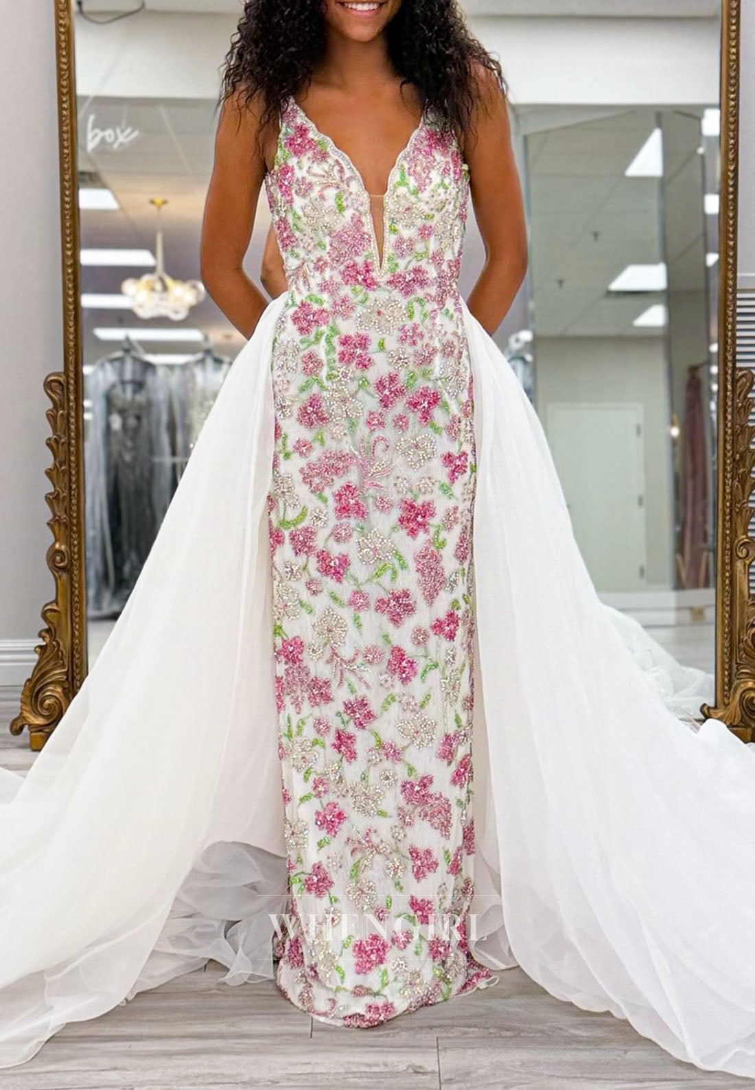 Column V Neck Floral Sleeveless Prom Dress with Train