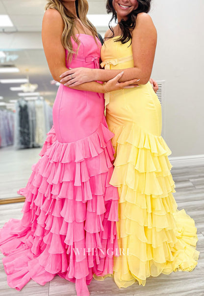 Sheath Tube Top Sleeveless Bowknot Multi Tiered Ruffles Side Slit Prom Dress