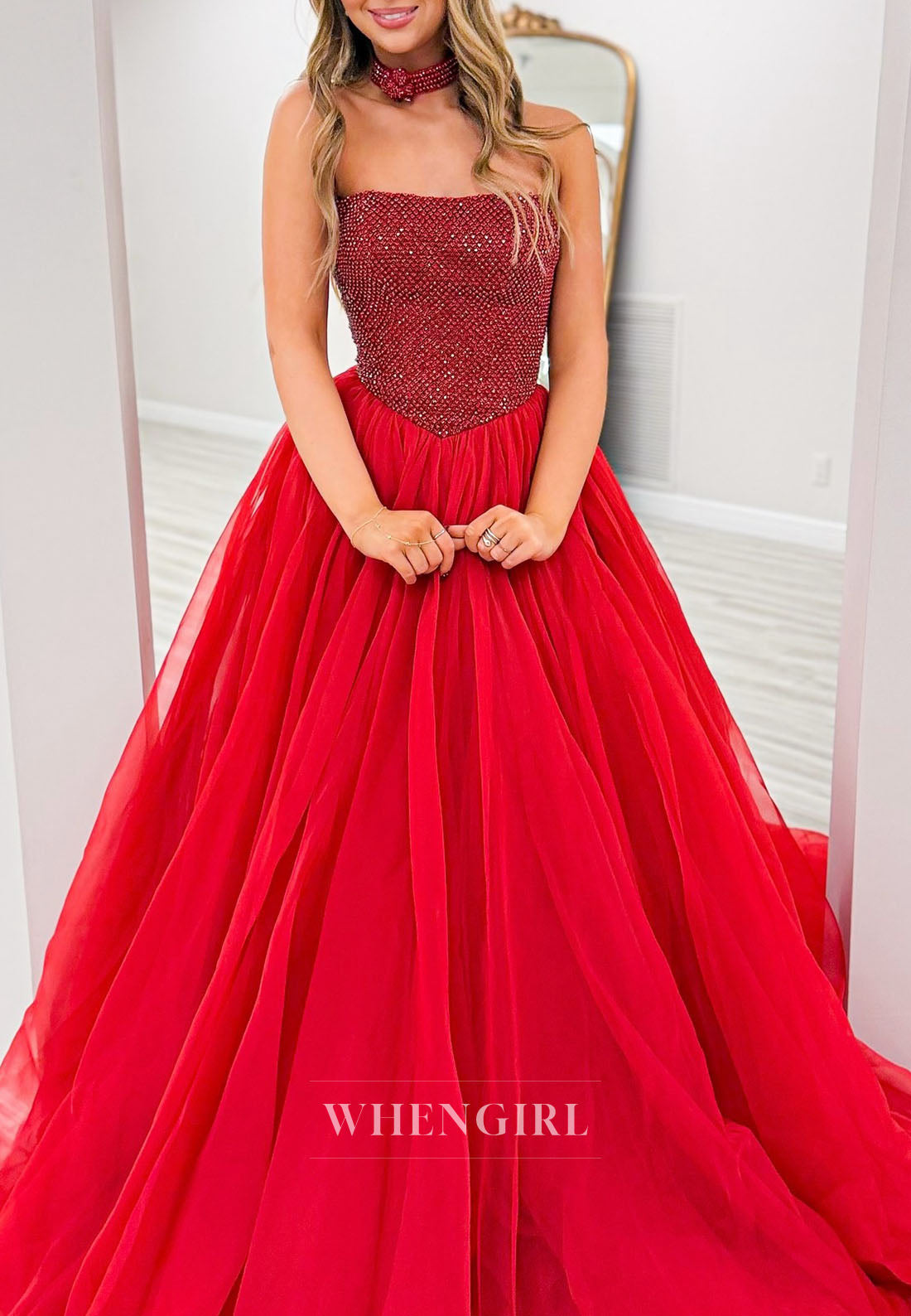 Red Beaded Tube Top Sleeveless A-Line Prom Dress with Necklaces