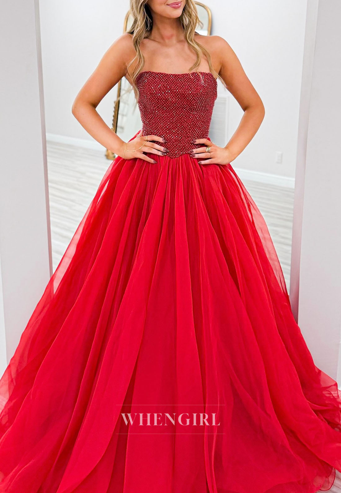 Red Beaded Tube Top Sleeveless A-Line Prom Dress with Necklaces