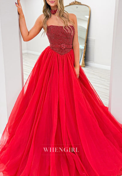 Red Beaded Tube Top Sleeveless A-Line Prom Dress with Necklaces