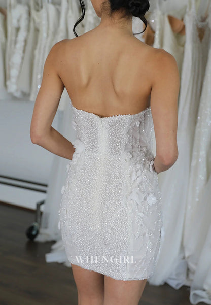 Strapless Pearls Beading Floral Back Zipper Sheath Short Wedding Dress with Removable Sleeves and Train