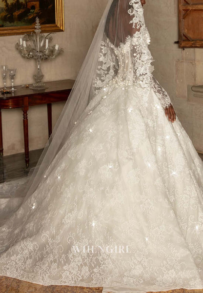 Gorgeous Sweetheart Long Sleeves Appliqued Lace Court Train Wedding Dress