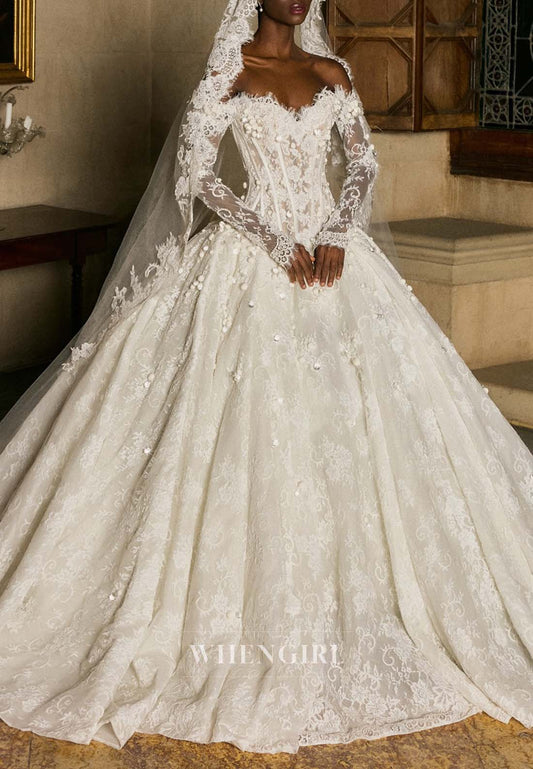 Gorgeous Sweetheart Long Sleeves Appliqued Lace Court Train Wedding Dress