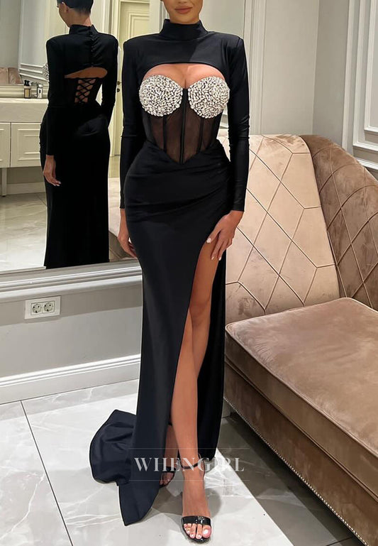 Black High Neck Long Sleeves Formal Dress Beaded Side Slit Sweep Train Sheath Evening Gown