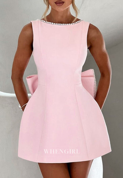 A-Line Sleeveless Bateau Neck Pearls Bowknot Low Back Homecoming Dress
