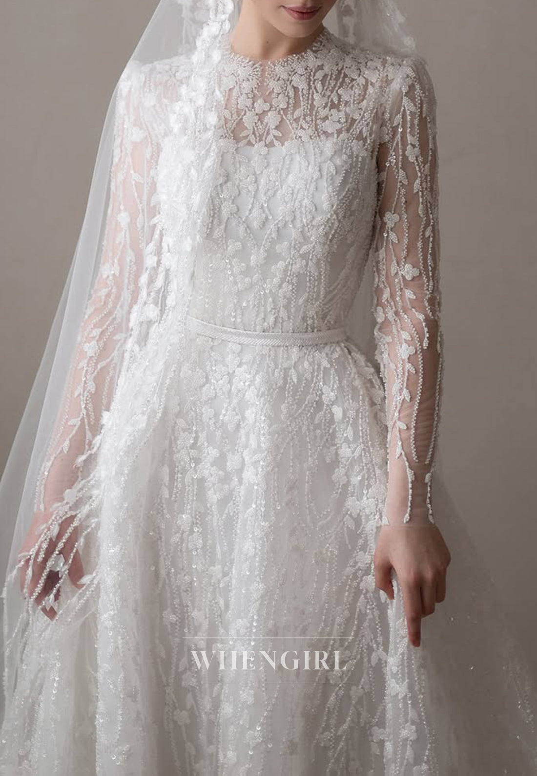 A-Line Beaded Floral Long Sleeves Bateau Neck Court Train Wedding Dress