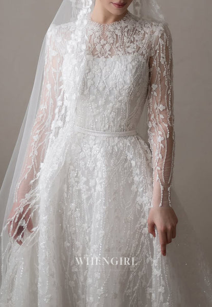 A-Line Beaded Floral Long Sleeves Bateau Neck Court Train Wedding Dress