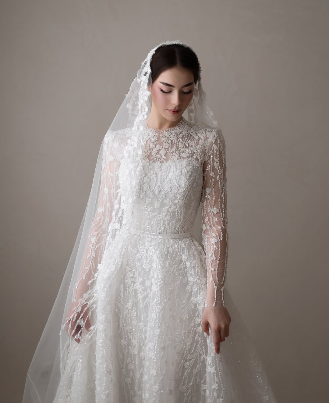 A-Line Beaded Floral Long Sleeves Bateau Neck Court Train Wedding Dress