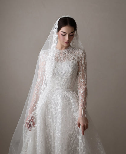 A-Line Beaded Floral Long Sleeves Bateau Neck Court Train Wedding Dress