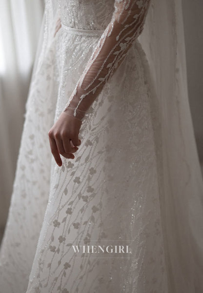 A-Line Beaded Floral Long Sleeves Bateau Neck Court Train Wedding Dress