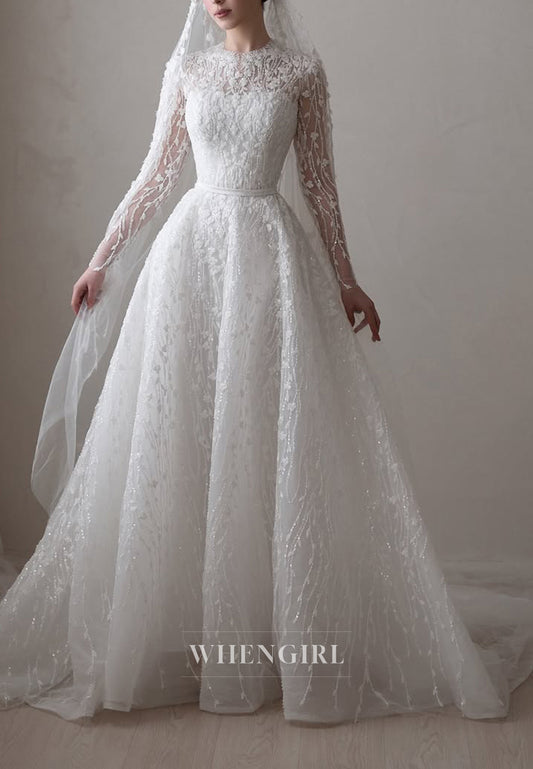 A-Line Beaded Floral Long Sleeves Bateau Neck Court Train Wedding Dress