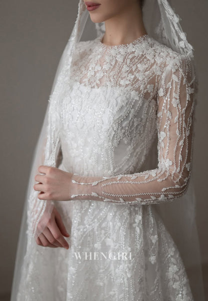 A-Line Beaded Floral Long Sleeves Bateau Neck Court Train Wedding Dress