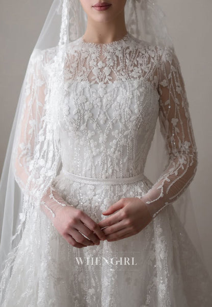 A-Line Beaded Floral Long Sleeves Bateau Neck Court Train Wedding Dress