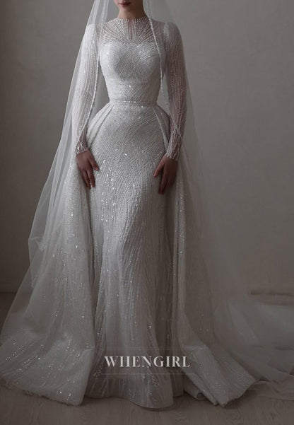 Sheath Bateau Neck Long Sleeves Full Beaded Detachable Train Wedding Dress