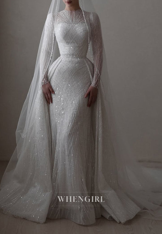 Sheath Bateau Neck Long Sleeves Full Beaded Detachable Train Wedding Dress