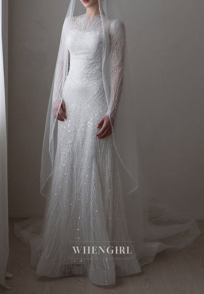 Sheath Bateau Neck Long Sleeves Full Beaded Detachable Train Wedding Dress