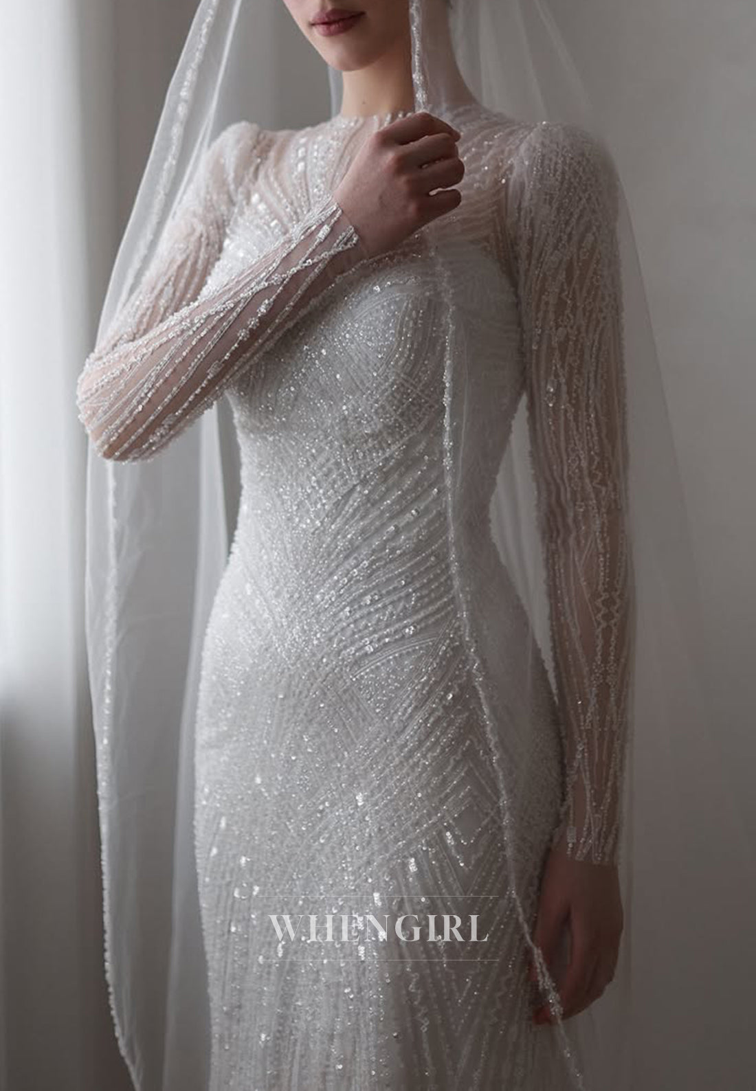 Sheath Bateau Neck Long Sleeves Full Beaded Detachable Train Wedding Dress