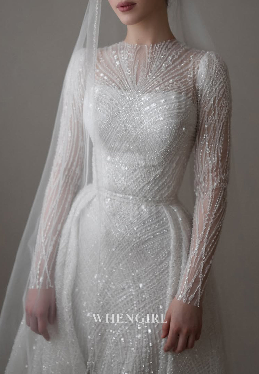 Sheath Bateau Neck Long Sleeves Full Beaded Detachable Train Wedding Dress