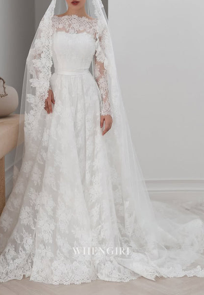 A-Line Bateau Neck Long Sleeves Appliqued Lace Wedding Dress with Court Train