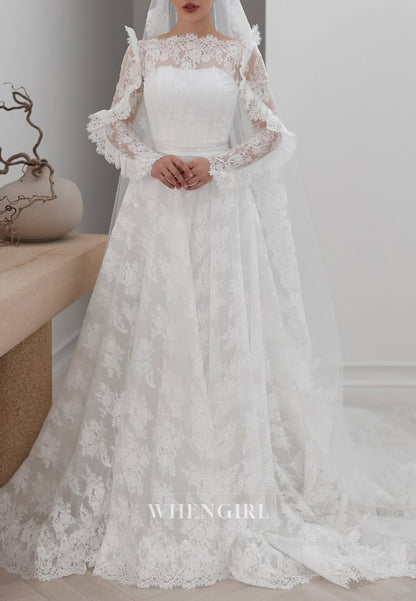 A-Line Bateau Neck Long Sleeves Appliqued Lace Wedding Dress with Court Train